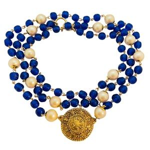 Vintage CHANEL gold plated medallion necklace red glass faux peaels - upcycled